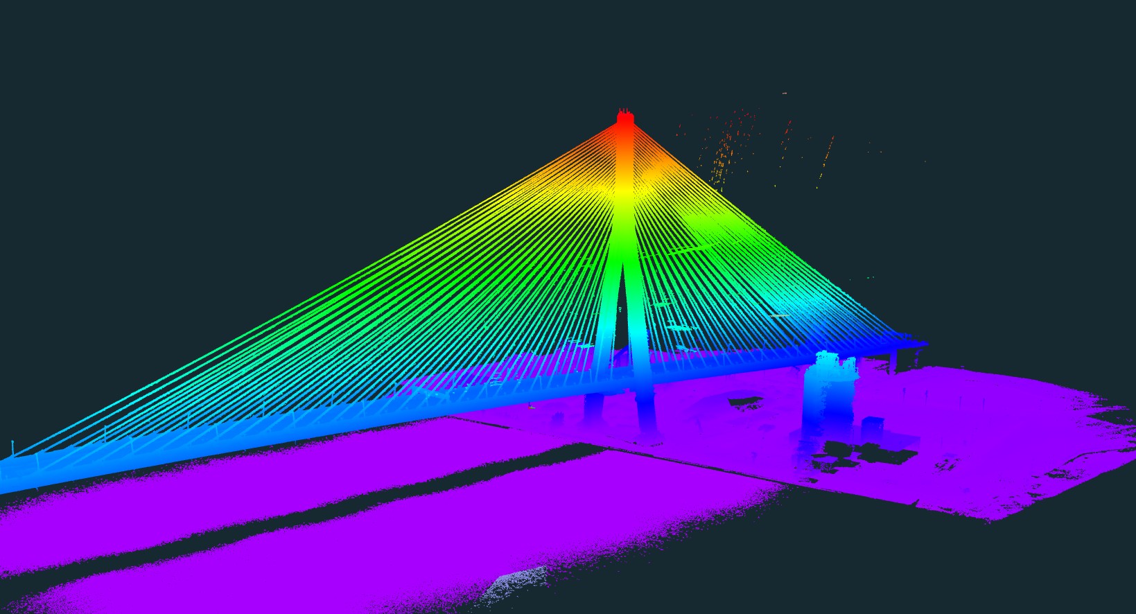 Elevation-colored LiDAR point cloud of the Gordie Howe International Bridge showing height gradient across the cable-stayed span