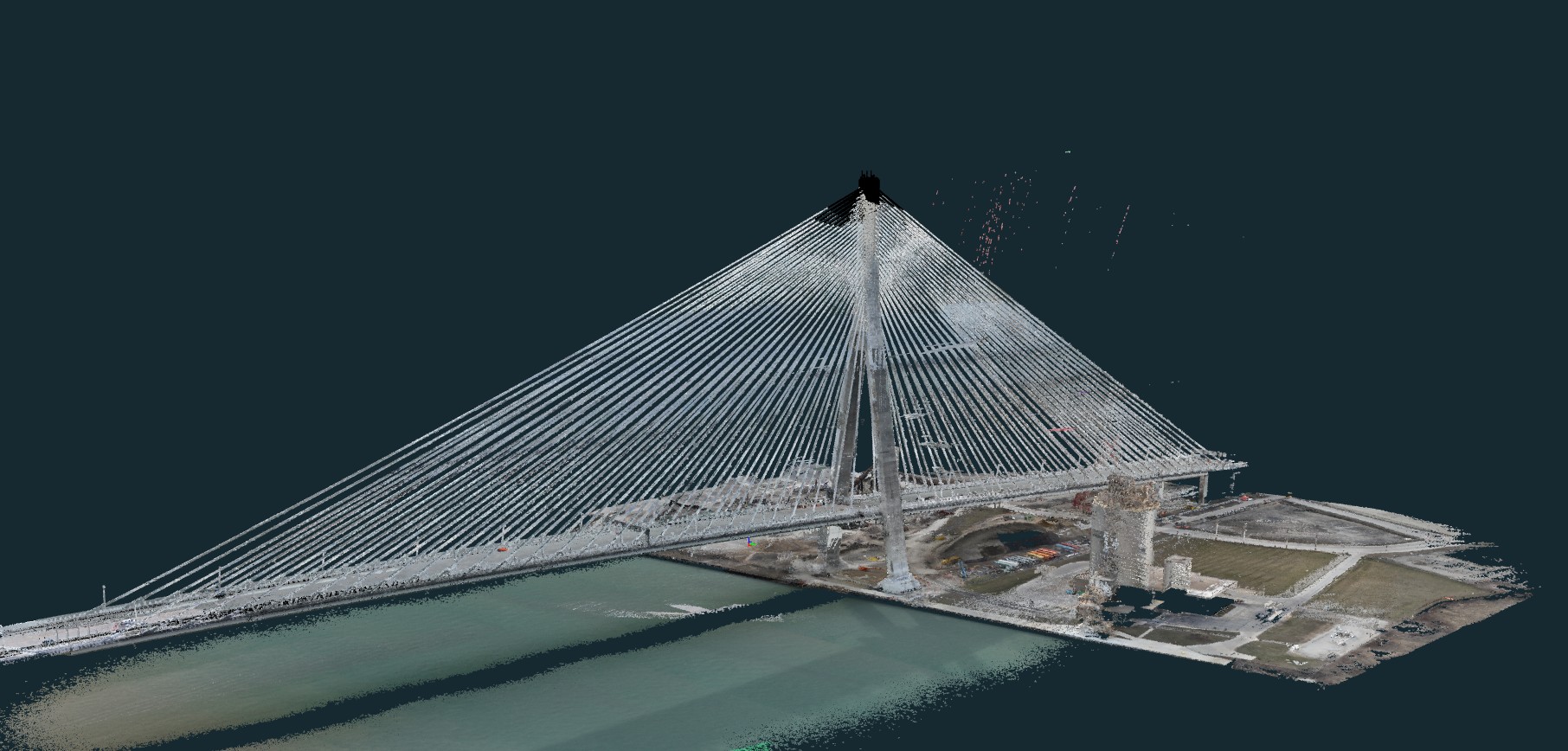 True-color LiDAR point cloud of the Gordie Howe International Bridge captured during a drone survey