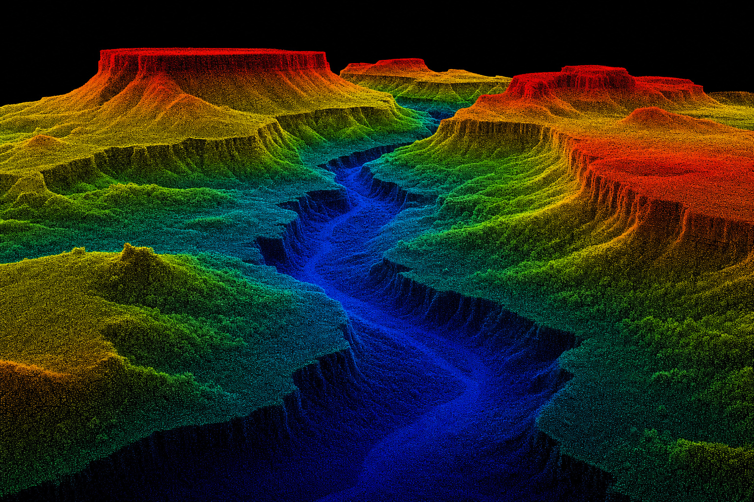 LiDAR false-color elevation point cloud of Arizona canyon terrain