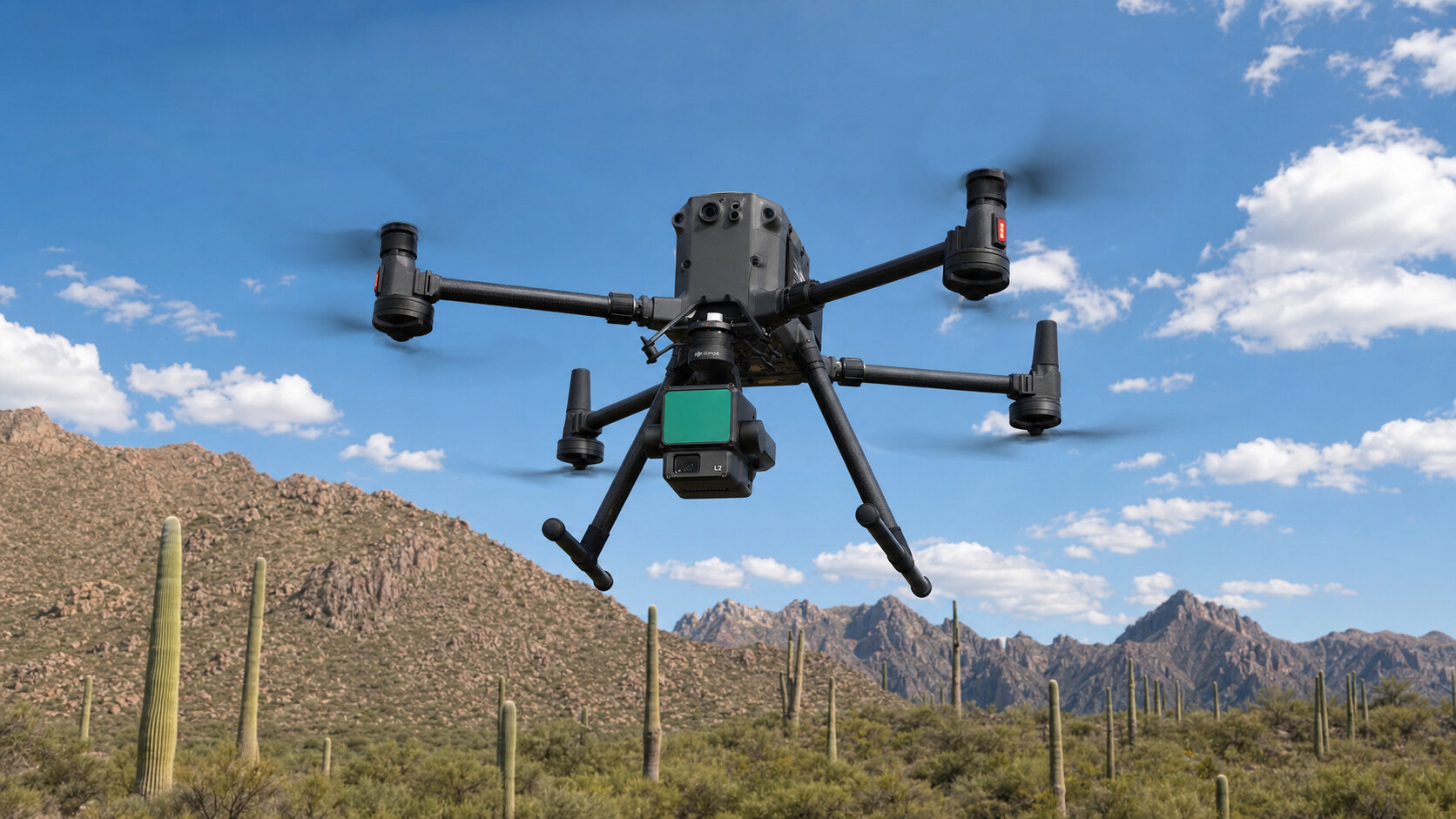 DJI Matrice 350 RTK with Zenmuse L2 LiDAR sensor scanning Arizona desert terrain