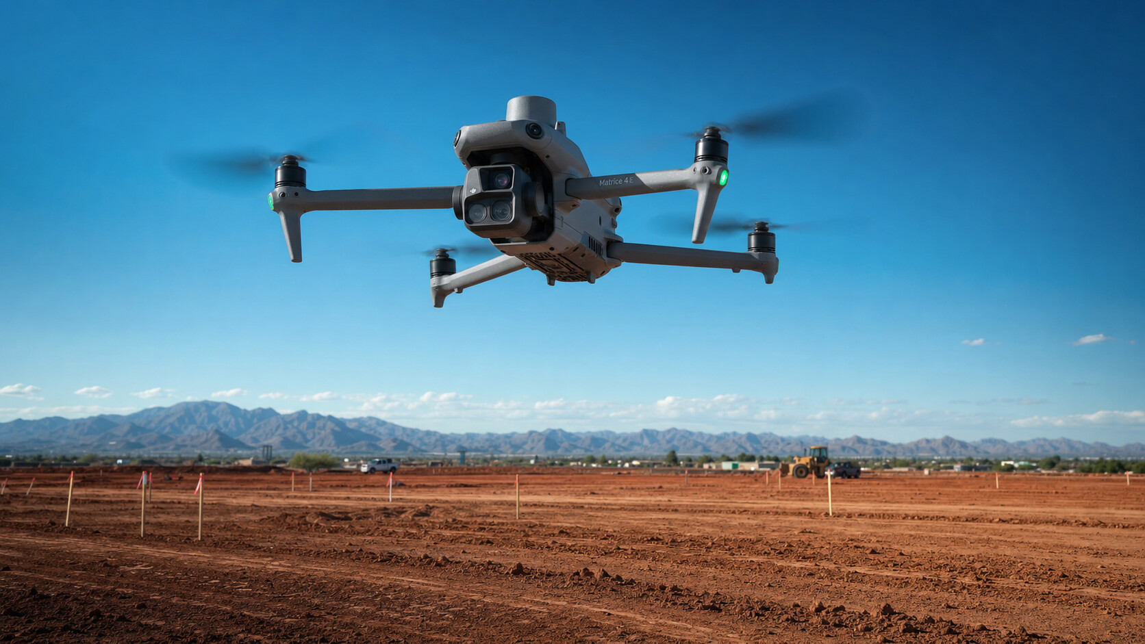 DJI Matrice 4E performing aerial mapping over Arizona construction site