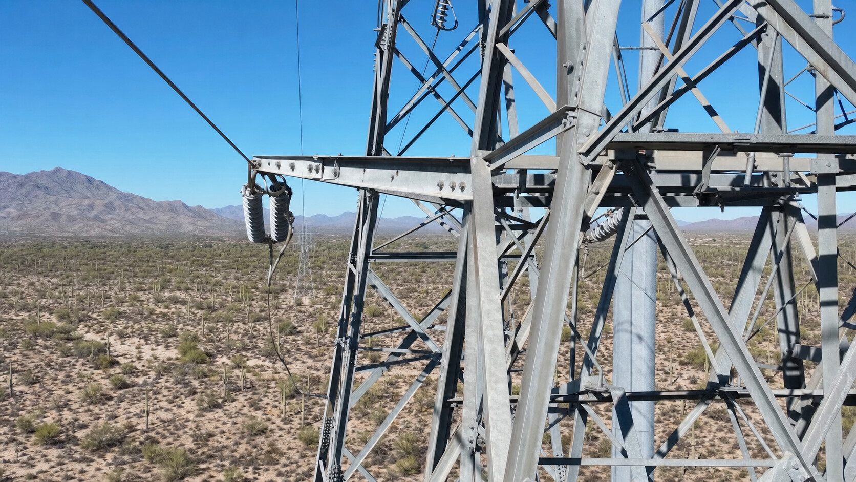 DJI Matrice 350 RTK performing close-proximity power line inspection in Arizona desert
